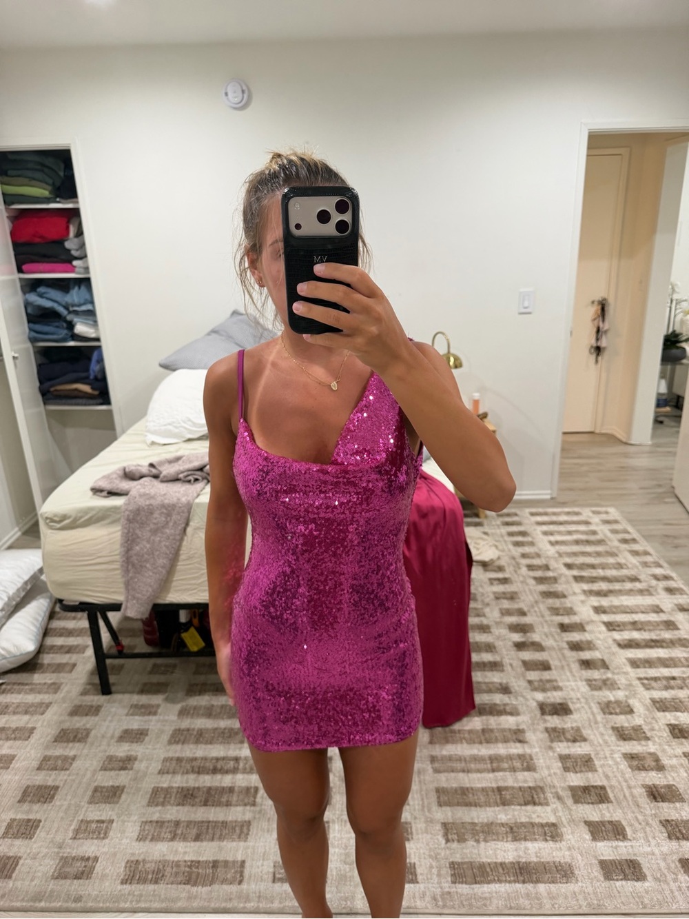 Hello Molly Hot Pink Sequin Cowl Neck Mini Dress